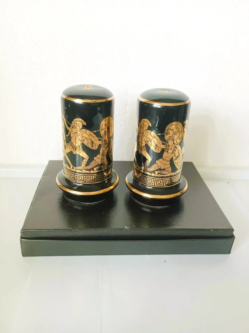 Greek Key Salt & Pepper Shakers Vintage Black with 24K Gold Trim